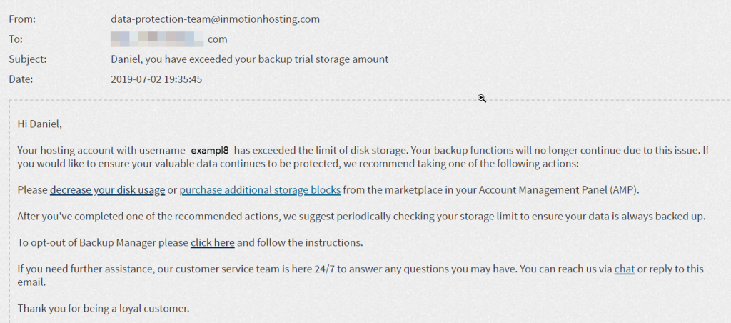 Email Alert for Backup Storage exceeded