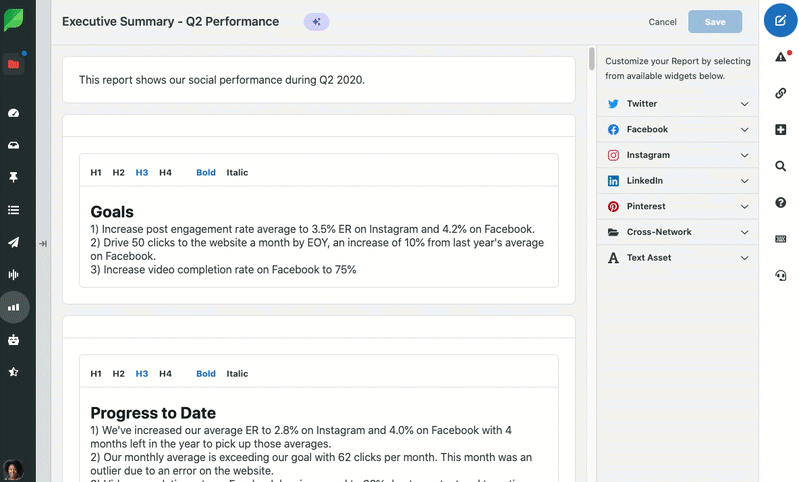 A gif showing a custom Sprout Social report that uses text blocks as executive summaries to weave context throughout the data.