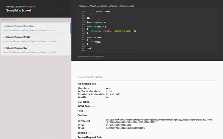 Example of error report generated by Whoops.