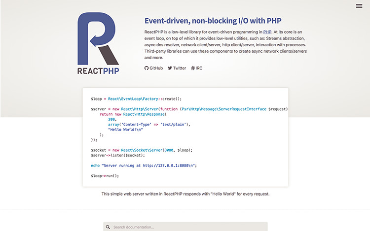 The ReactPHP.org homepage on purple and gray color.