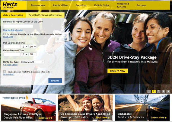 Hertz rent a car website viewed from Singapore geo targeting example 