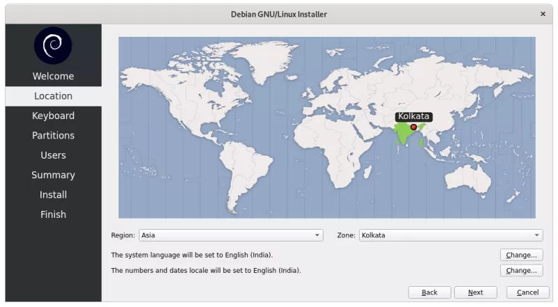 Select time zone and location during Debian installation
