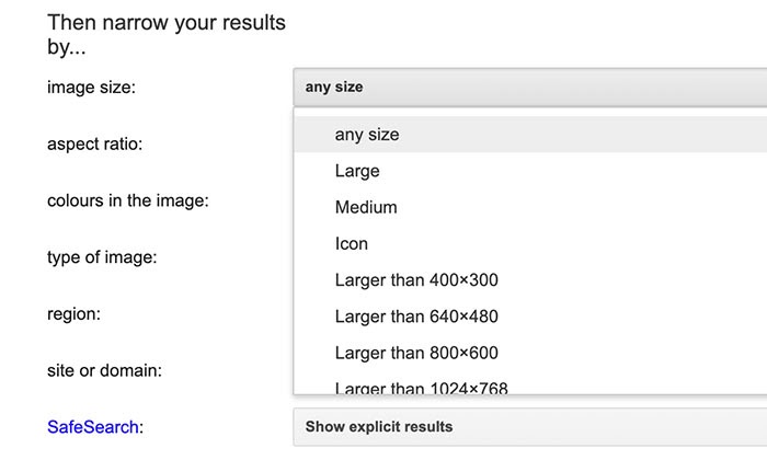 image size options on Google advanced image search
