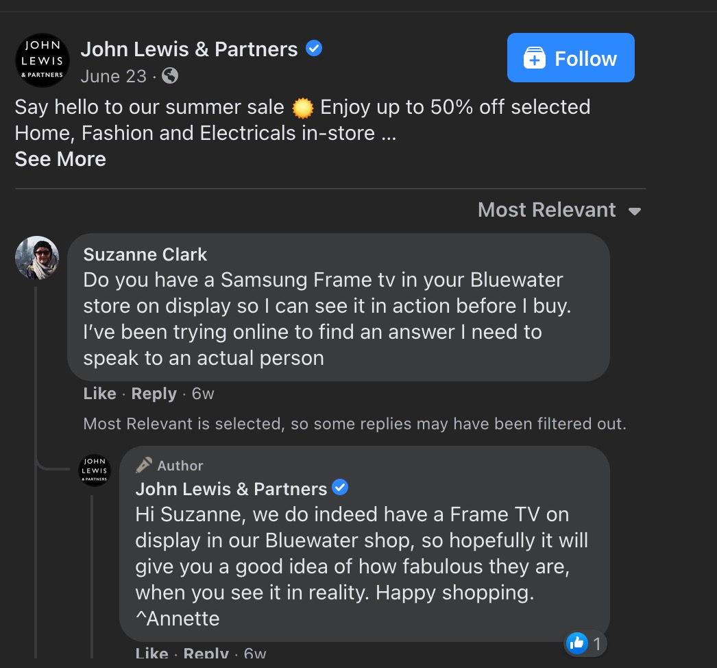 John Lewis & Partners responding to a customer question on Facebook
