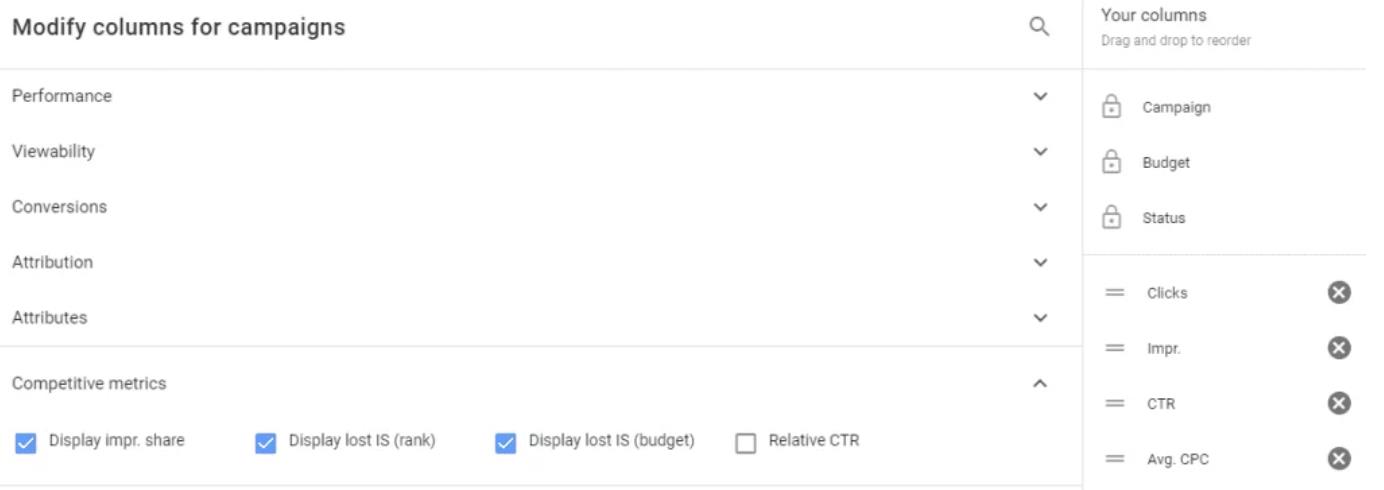 adwords modify column window with competitive metrics to show impression share 
