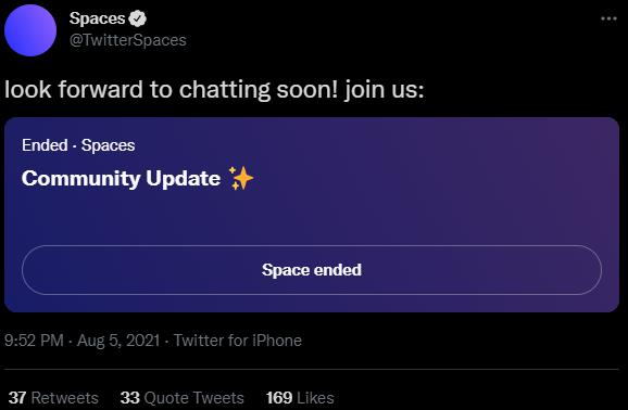 Twitter Spaces account sharing a Space for community updates