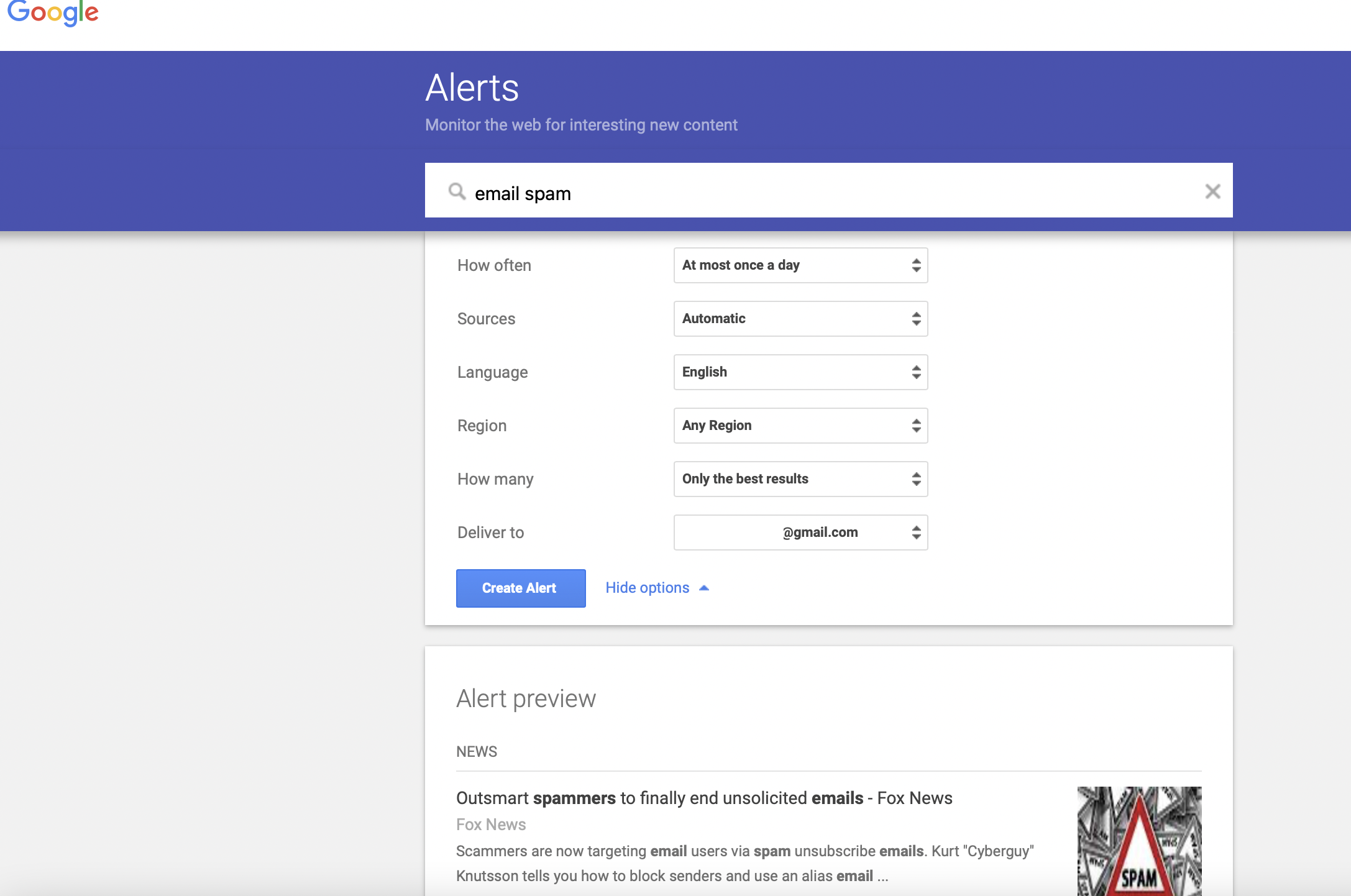 google alert setup page with different customization fields and an alert set up for email spam