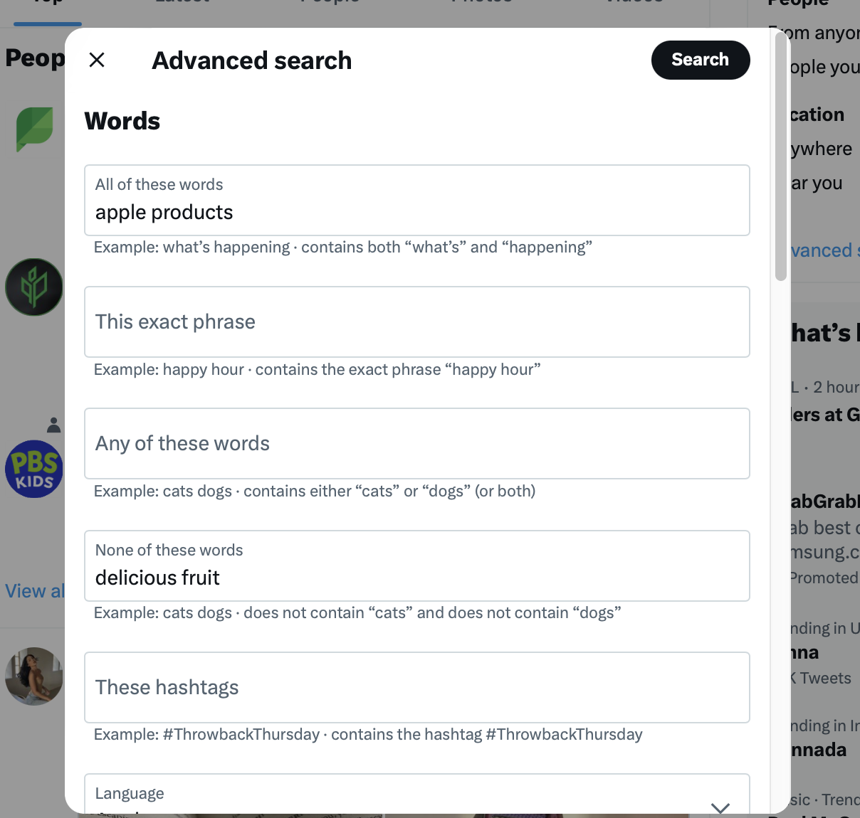 twitter advanced search window with fields for different words to include or exclude in the search