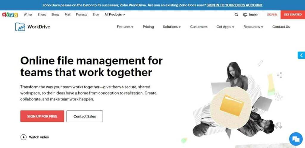 Landing page of Zoho Docs- presently known as Zoho WorkDrive