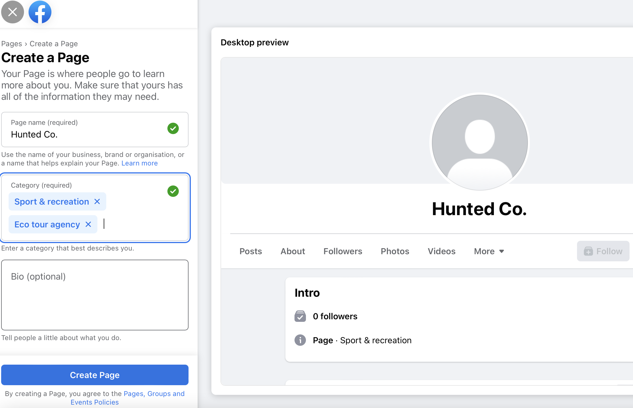 first step of the Facebook business page creation process with fields to include page name and category