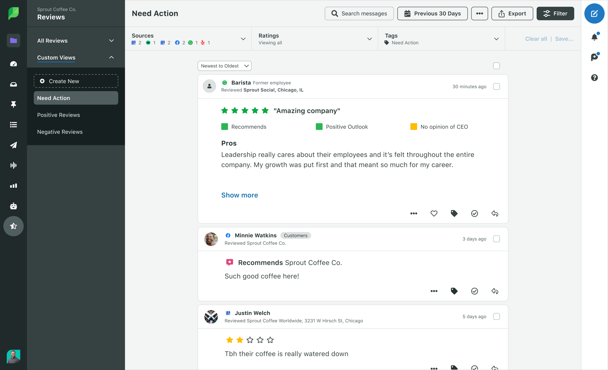 A screenshot of the Sprout Social platform that demonstrates reviews aggregated from multiple review sites in one unified feed.