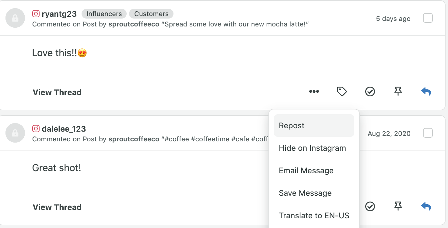 A translation dropdown within Sprout's Smart Inbox.