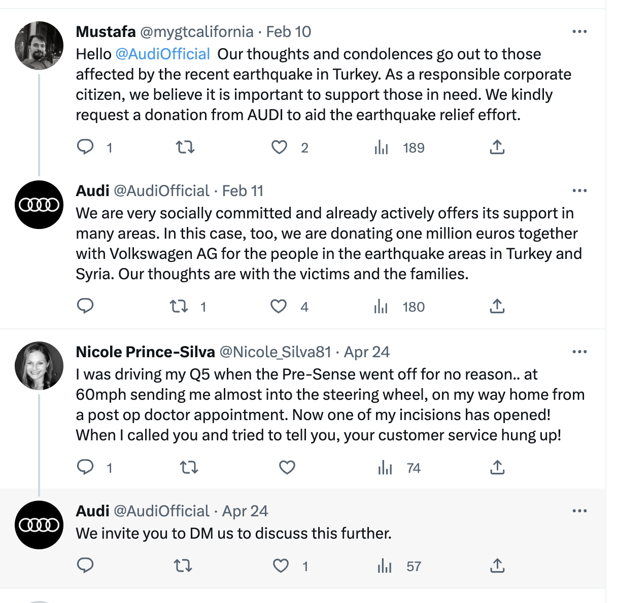 Screenshot of customer comments on Audi's Twitter handle 
