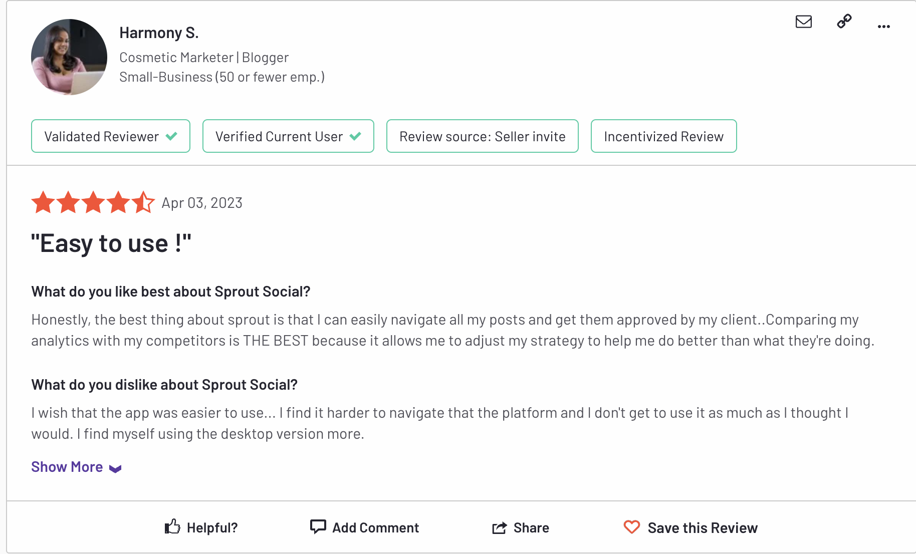 Screenshot of a Sprout review on G2