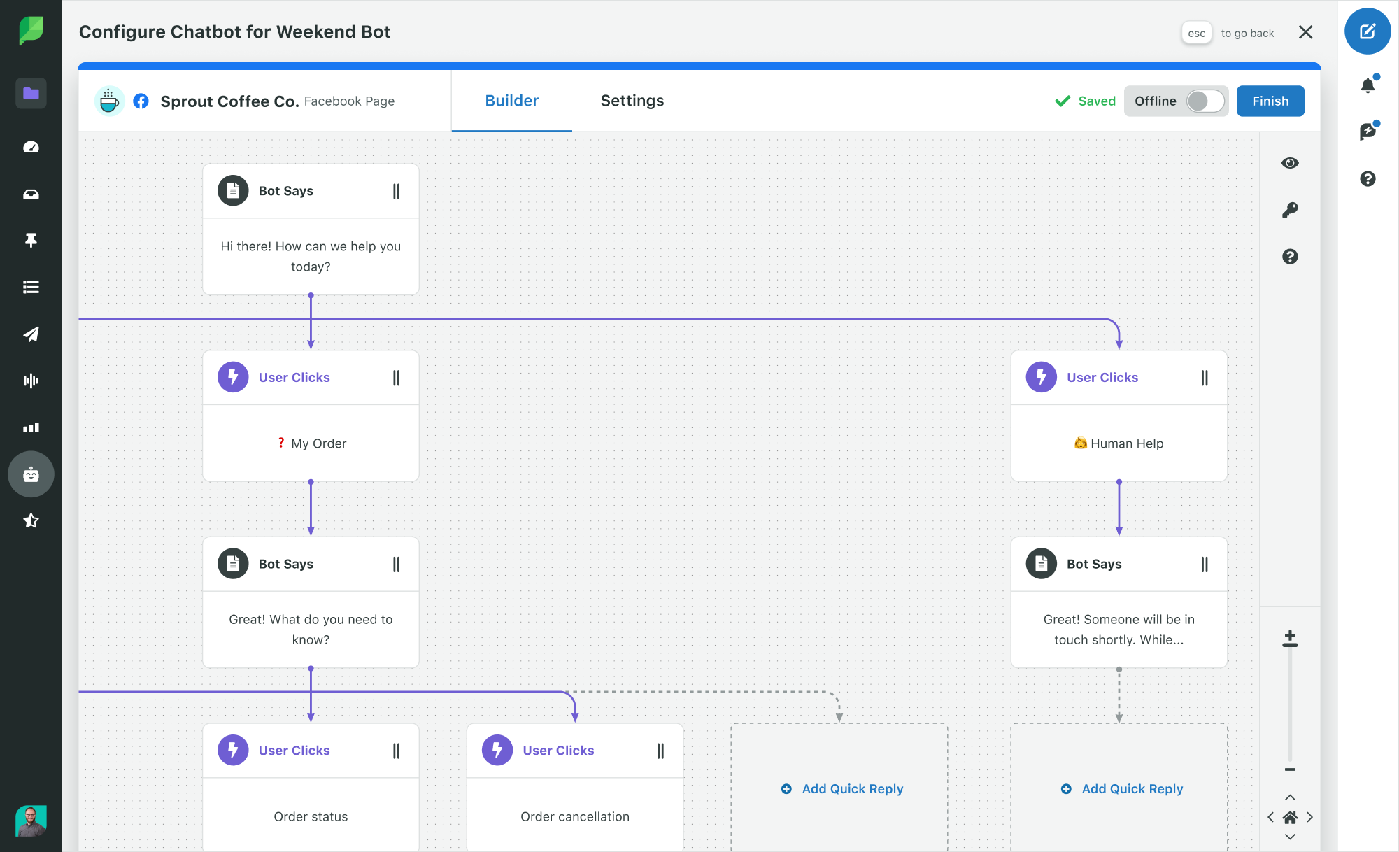 Screenshot of Sprout Social's chatbot configuration