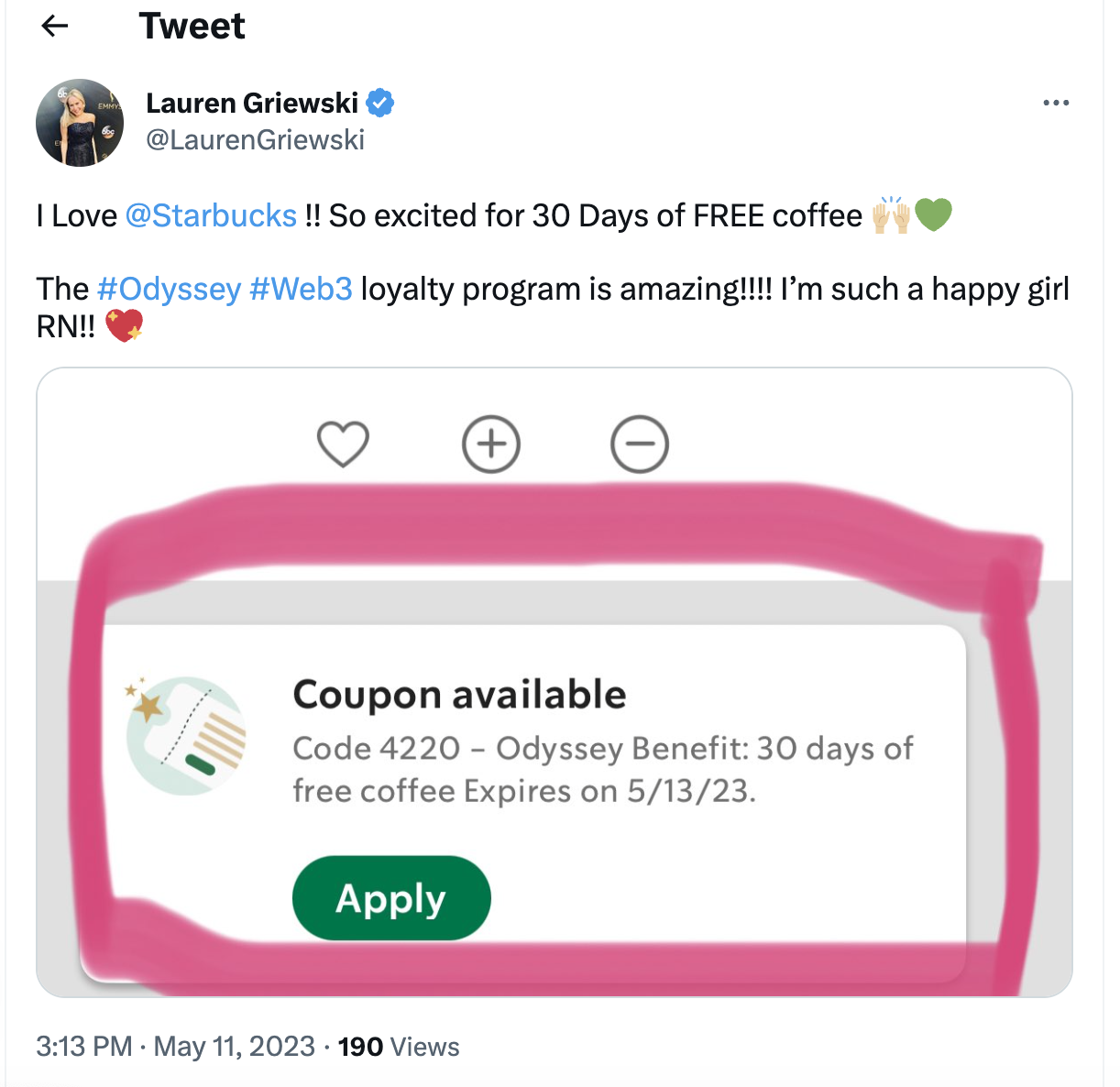 Screenshot of a customer tweeting about Starbuck's brand loyalty program