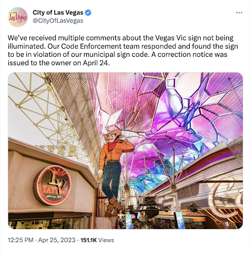A screenshot of a City of Las Vegas Tweet, addressing concerns about the local Vegas Vic sign not being up to code.