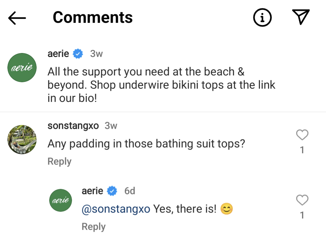 example of business replying to a comment on Instagram