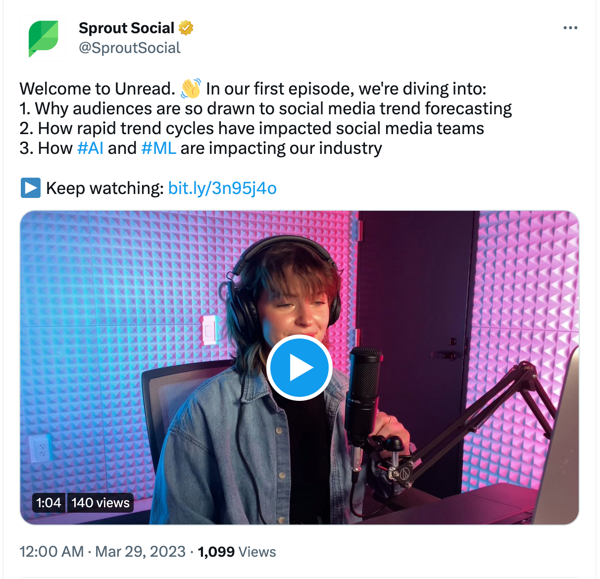 Screenshot of a Sprout Social tweet that describes what users will learn when watching the embedded video.