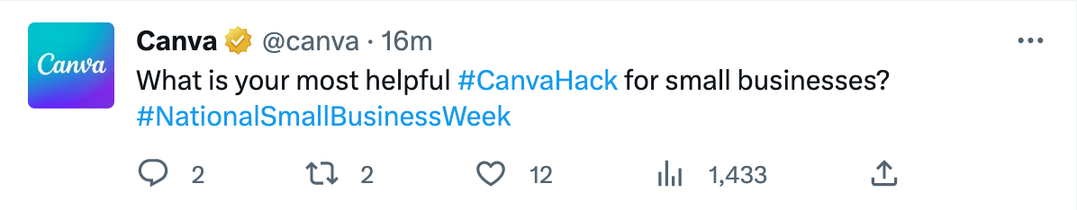 Screenshot of a Tweet by Canva stating "What is your most helpful #CanvaHack for small businesses? #NationalSmallBusinessWeek"
