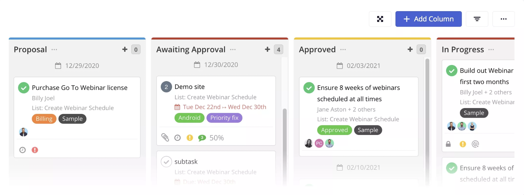 A screenshot of tasks in Teamwork that are grouped by proposal, awaiting approval, approved and in progress.