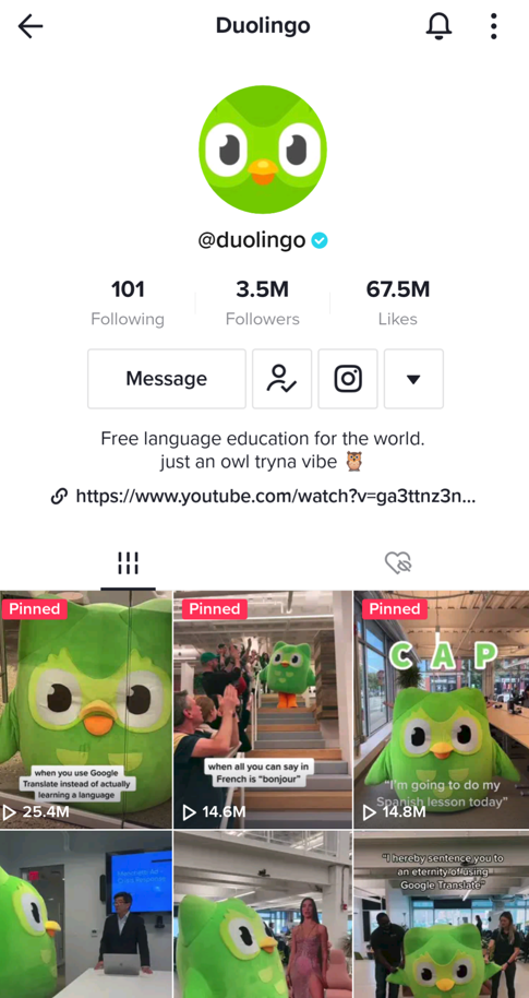 Duolingo's Tiktok profile page showing a following of 3.5 million and examples of their videos