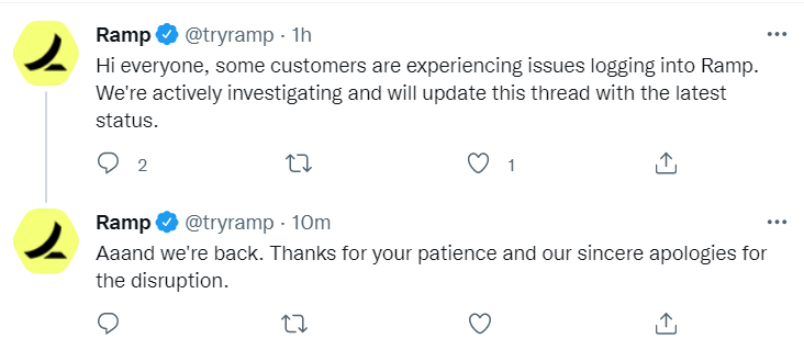 Screenshot of Tweets from a brand, @tryramp, sharing that their service is experiencing issues and then providing an update when the issue is resolved.