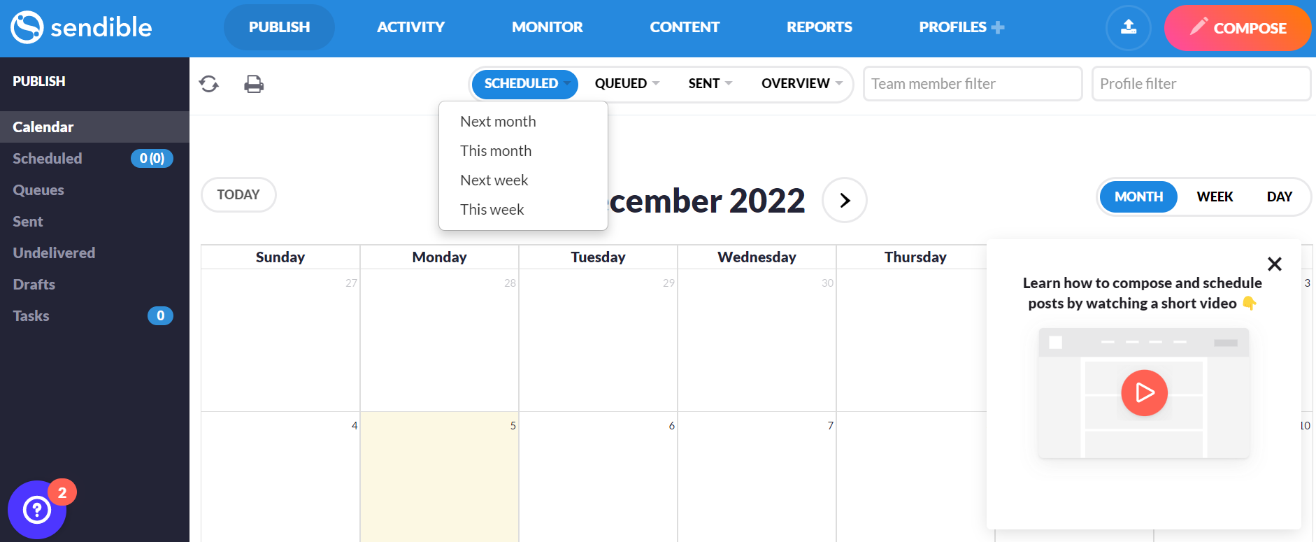 drag and drop dashboard and content calendar from sendible