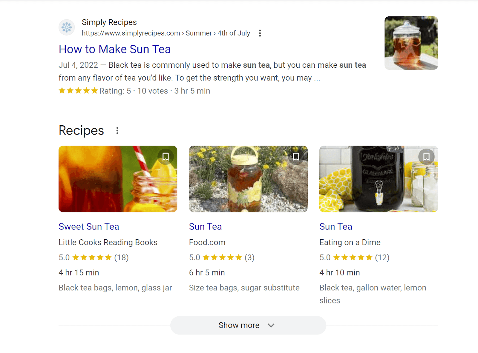 SERP result with recipes for sun tea