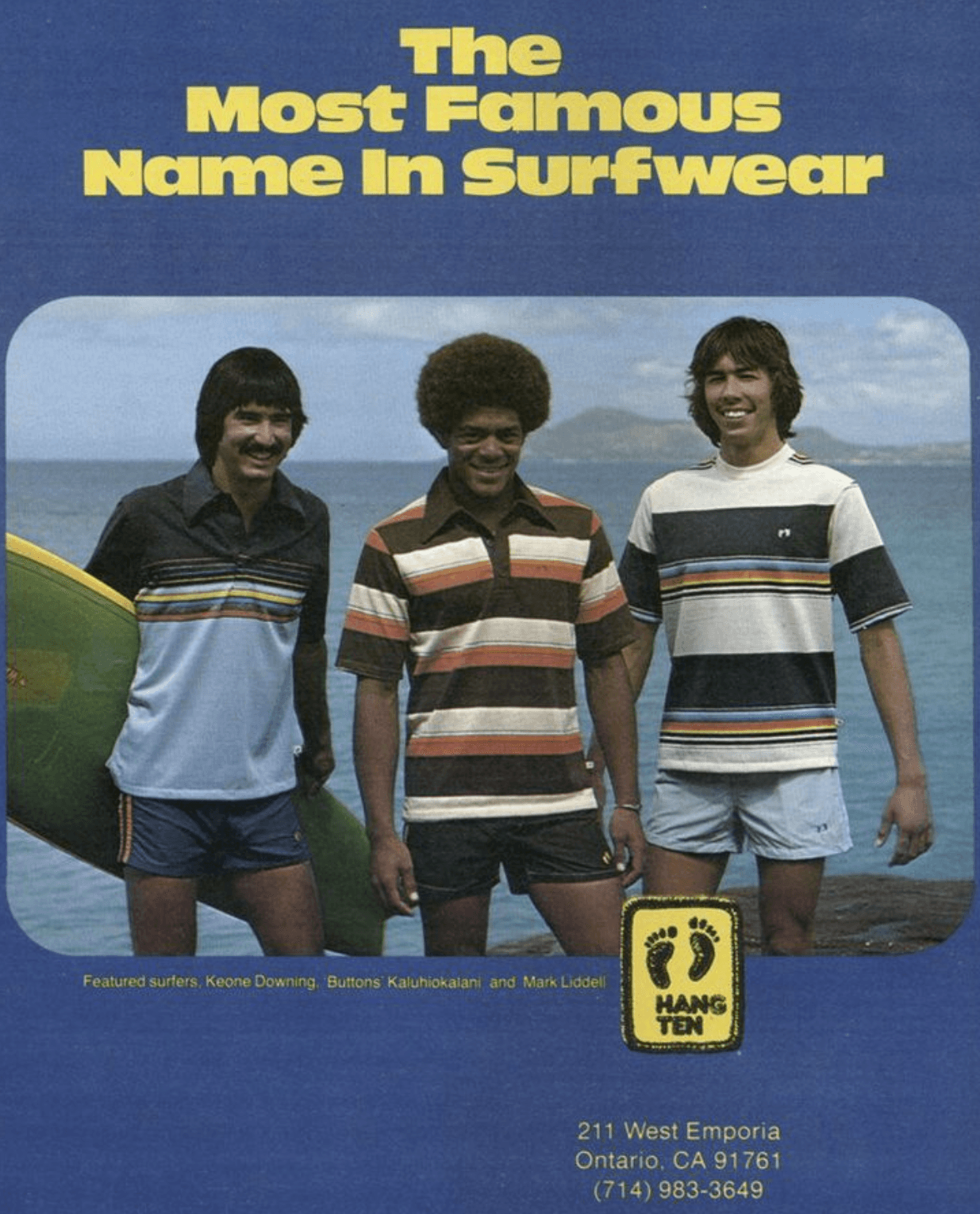 vintage ad depicting three surfer men wearing shorts at the beach