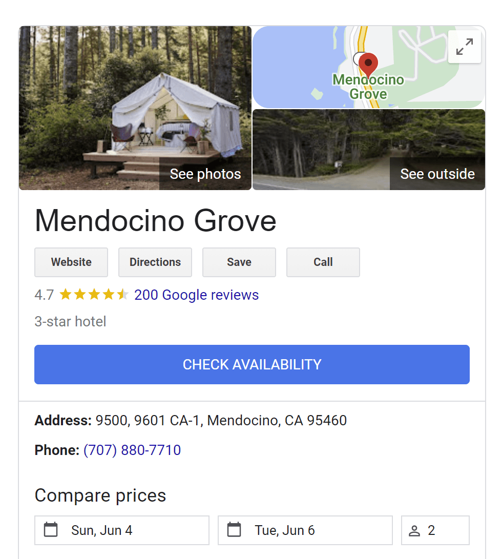 Google business profile for a luxury campground