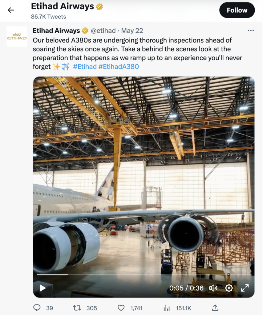 Screenshot of Etihad Airways' trending Twitter post featuring a behind-the-scenes video