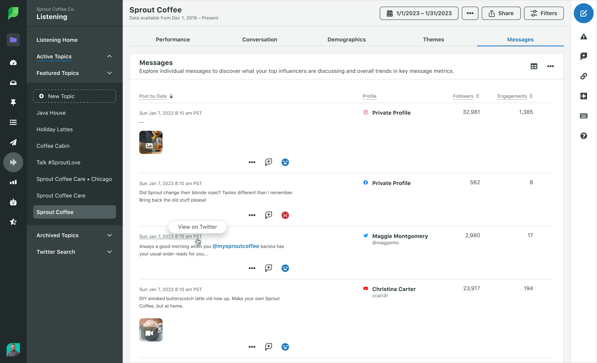 Sprout Social Listening dashboard featuring incoming messages.