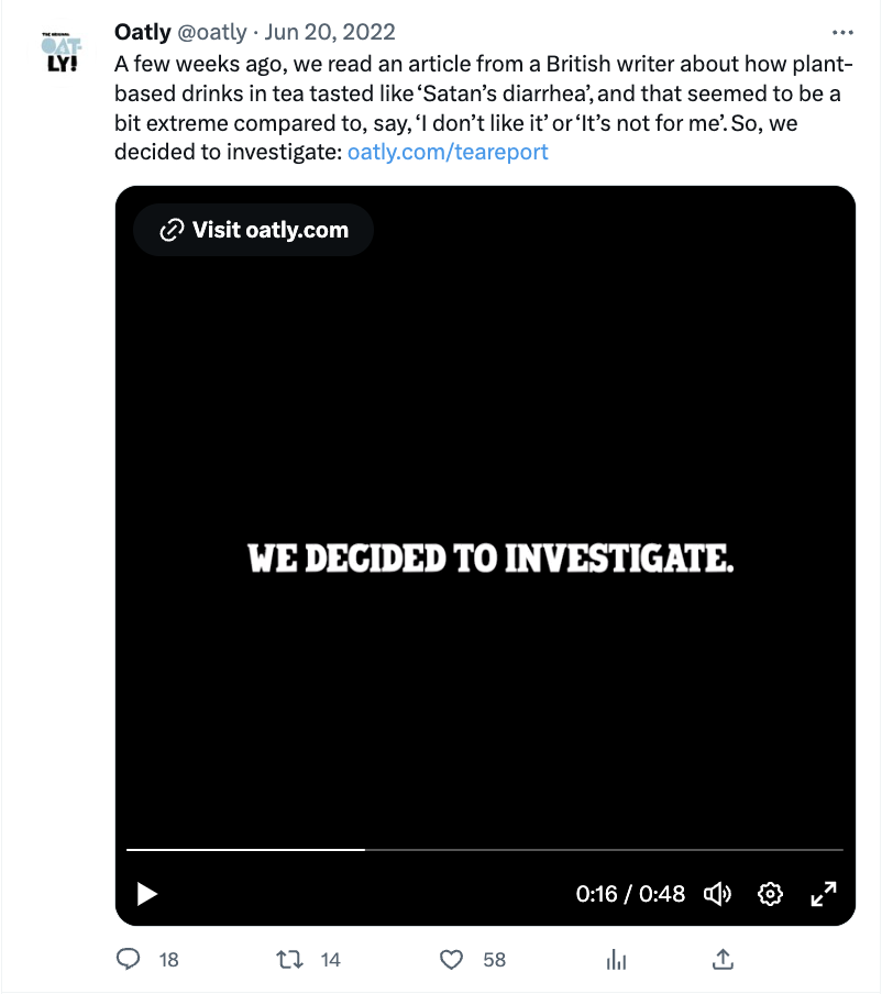 Screenshot of Oatly's Twitter post sharing a link and video about the Tear Report. The copy evokes a humorous, casual tone. 