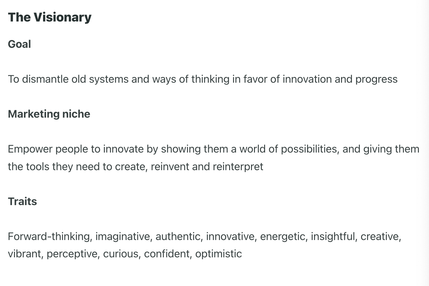 Screenshot from Sprout's Seeds brand guide detailing the goal, marketing niche and traits of the Visionary archetype. 