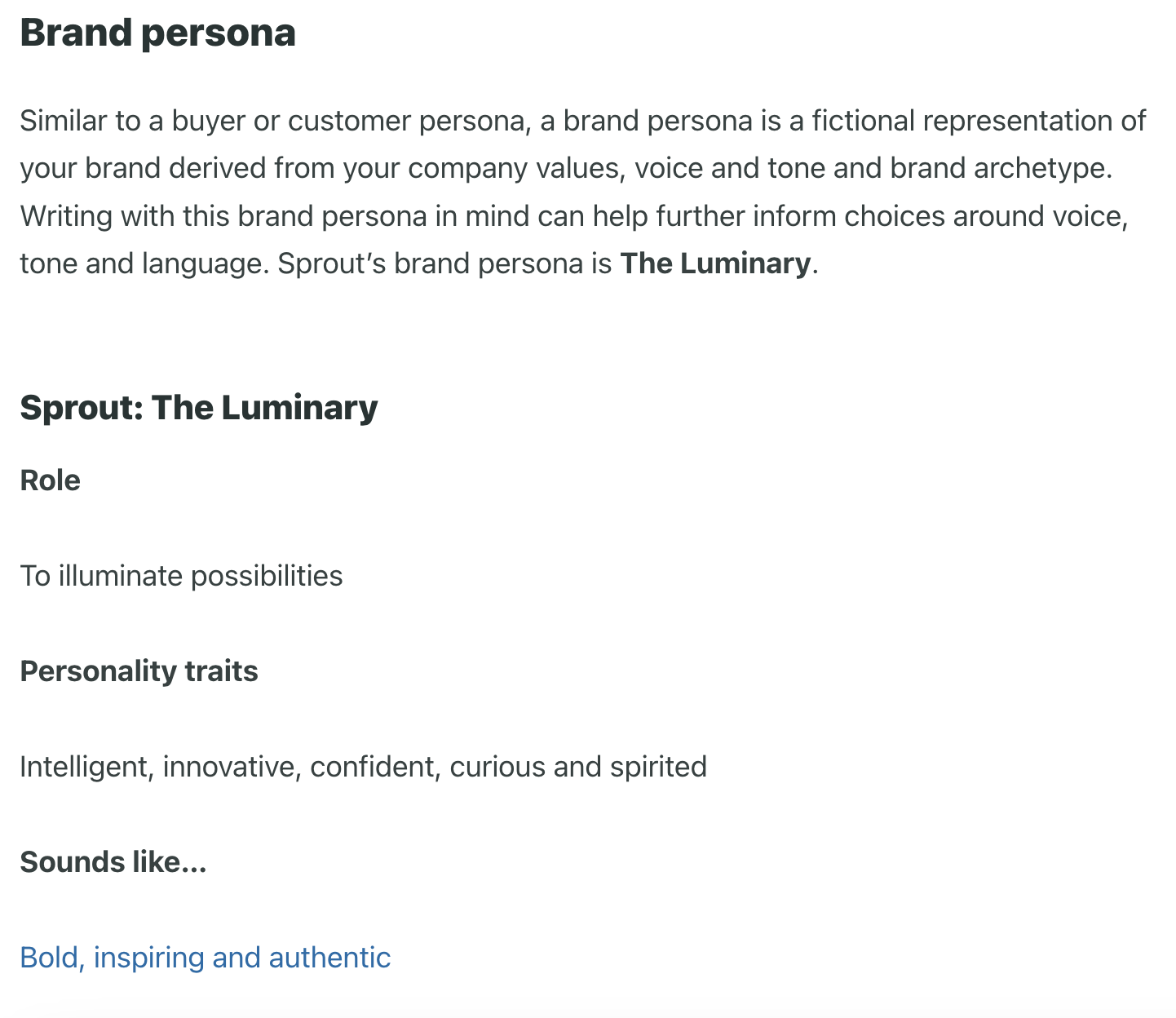Screenshot from Sprout's Seeds brand guide describing the role, personality traits and sound of the Luminary brand persona. 