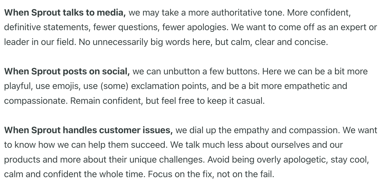 Screenshot from Seeds brand guide describing the voice and tone of Sprout when talking to media, posting on social and handling customer issues. 