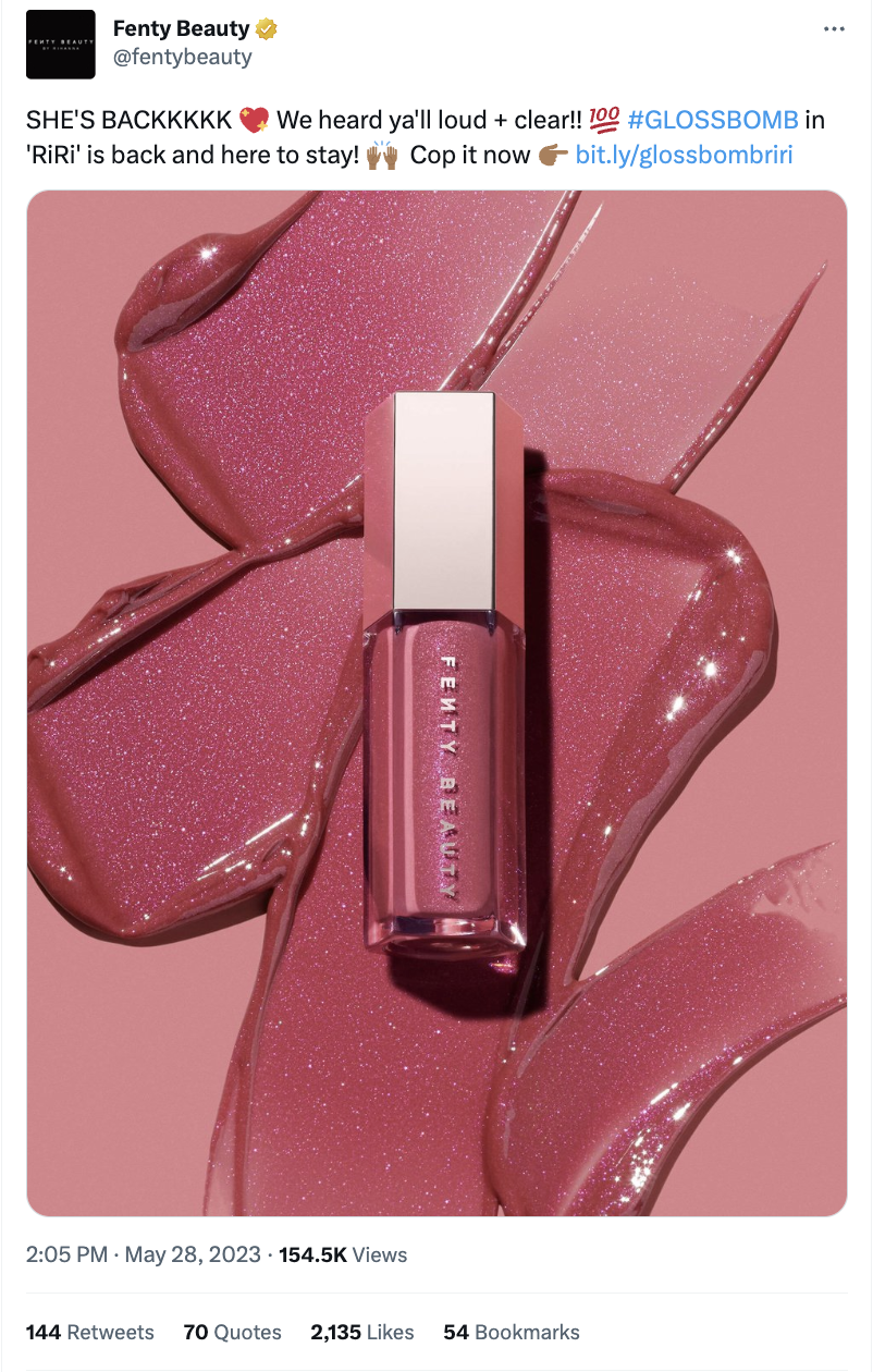 Screenshot of Fenty Beauty's Twitter post. The post uses casual language and emojis to promote a popular lipgloss. 