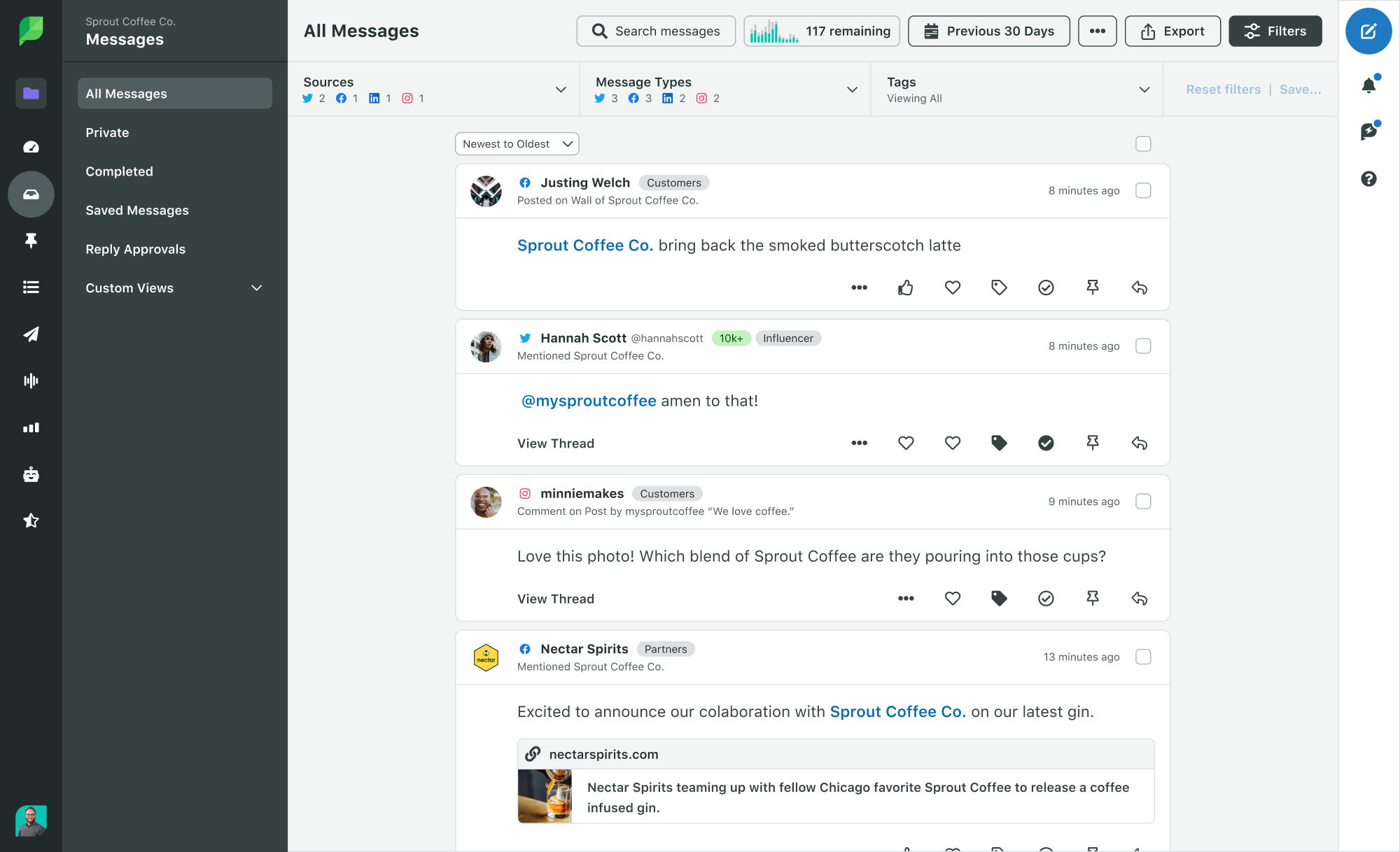 A screenshot of Sprout's Smart Inbox feature, which centralizes all inbound social messages across channel into a single stream for easy monitoring. 