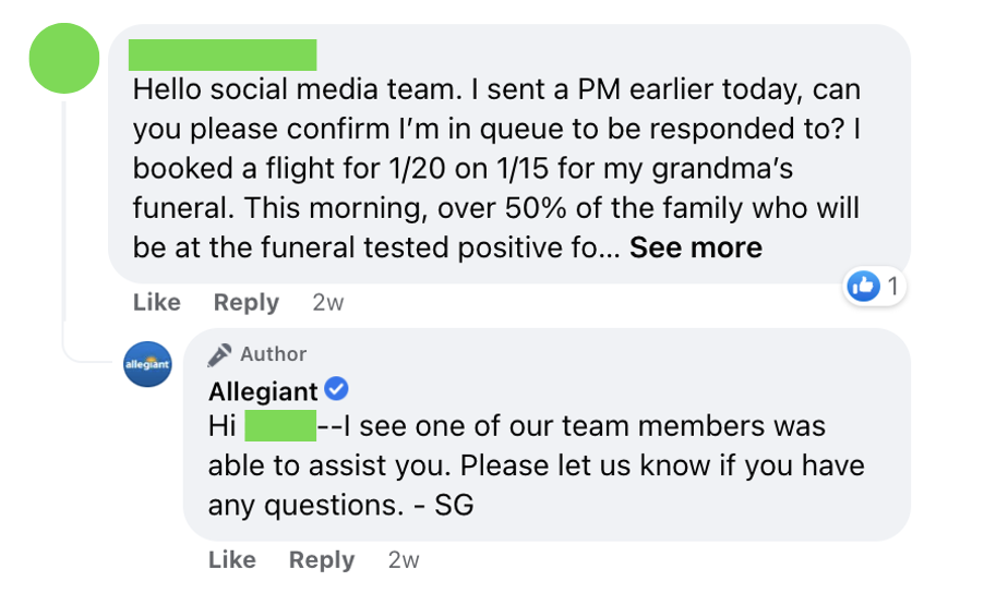 Screenshot of an exchange between a customer and Allegiant Air on Facebook