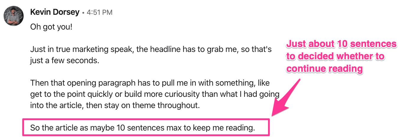 Screenshot stating that the person knows within 10 sentences if they will continue reading a piece of content