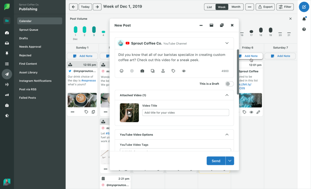 A screenshot of Sprout's compose window where you can write and schedule posts right from your content calendar.