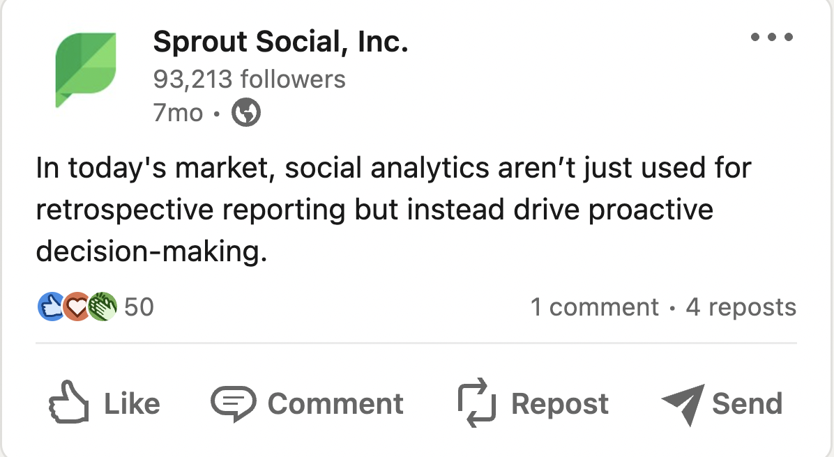 A Sprout Social LinkedIn post that says "In today's market, social analytics aren't just used for retrospective reporting but instead drive proactive decision-making". 