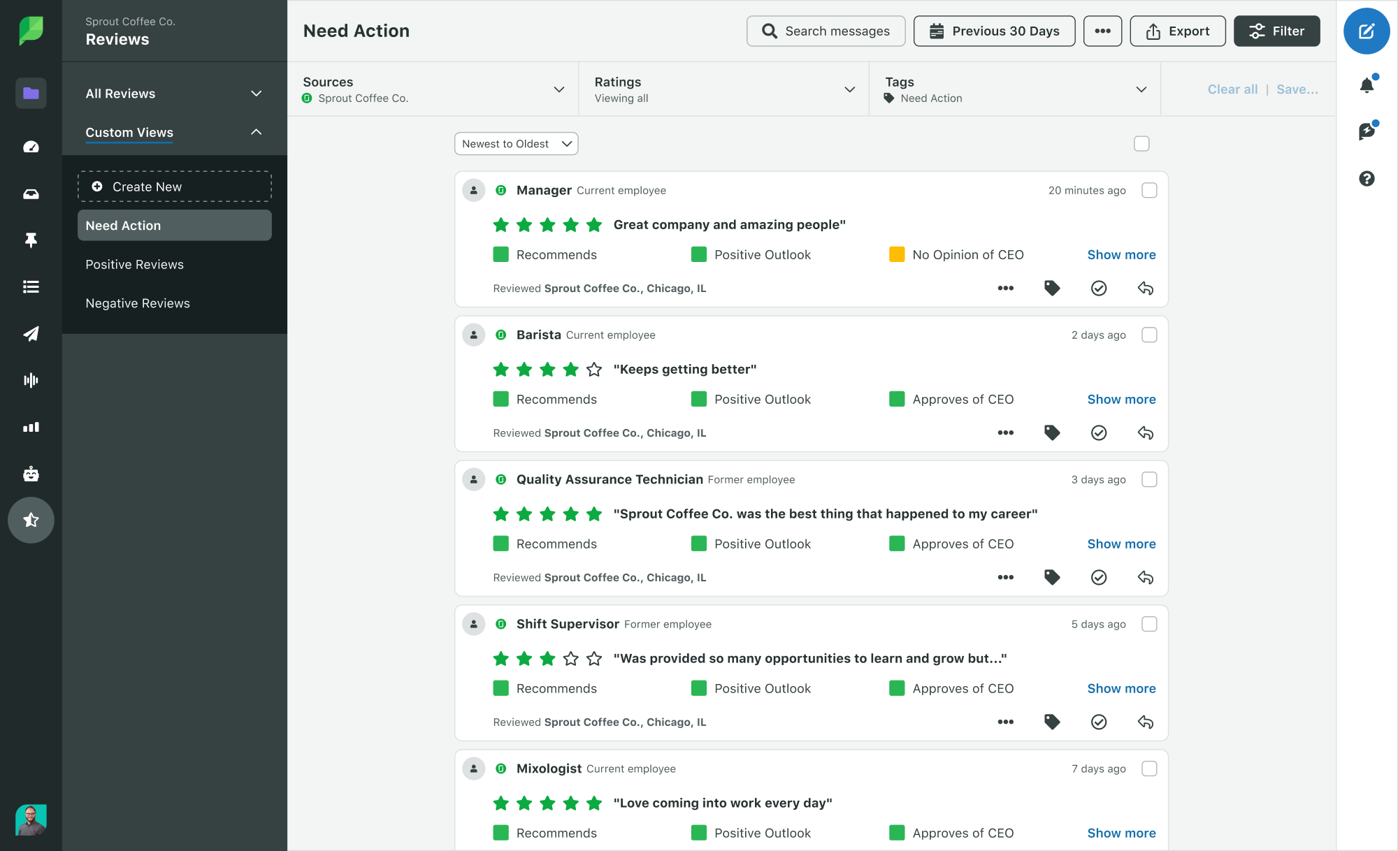 Screenshot of Glassdoor reviews that need action in the Sprout Social platform. All the reviews are pulled into a streamline, single stream.