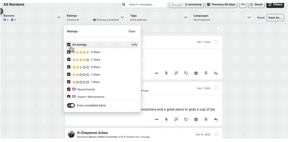 Screenshot of Sprout's review tool where you can chppse reviews based on ratings, tags or dates.