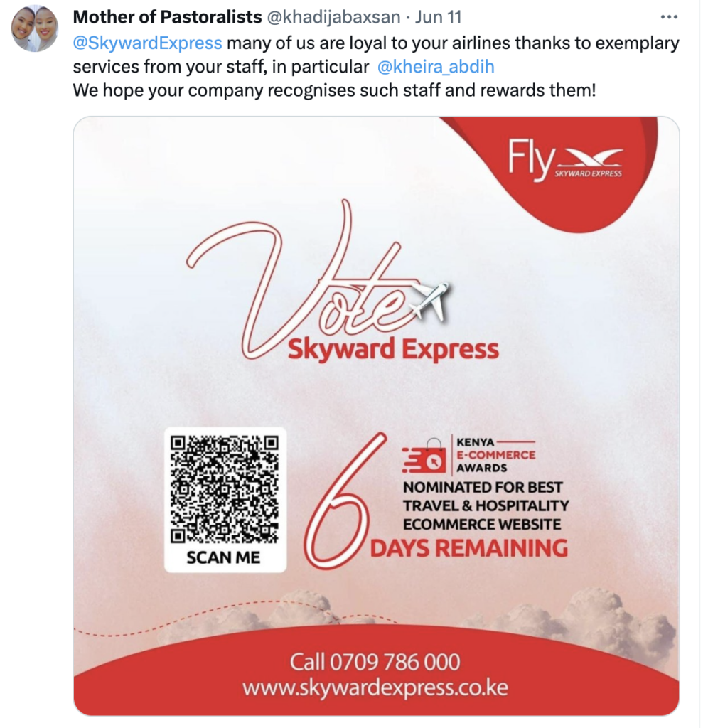 Tweet showing customer appreciation for quality service by Skyward Express.