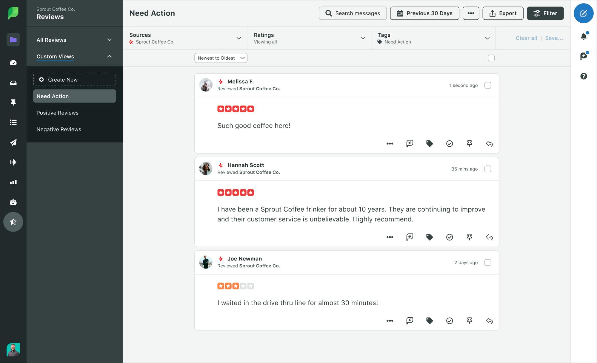 Screenshot of Yelp reviews that need action in the Sprout Social platform. All the reviews are pulled into a streamline, single stream.