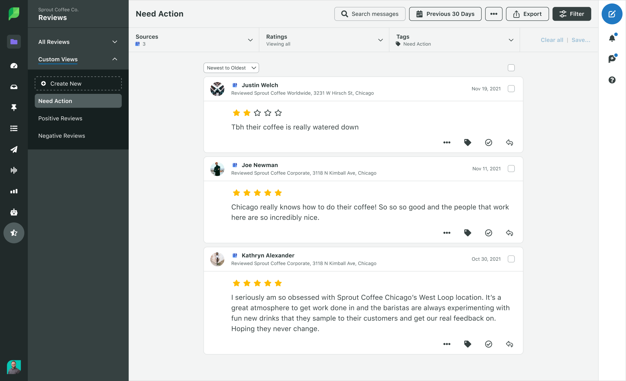 Screenshot of Google My Business reviews that need action in the Sprout Social platform. All the reviews are pulled into a streamline, single stream.