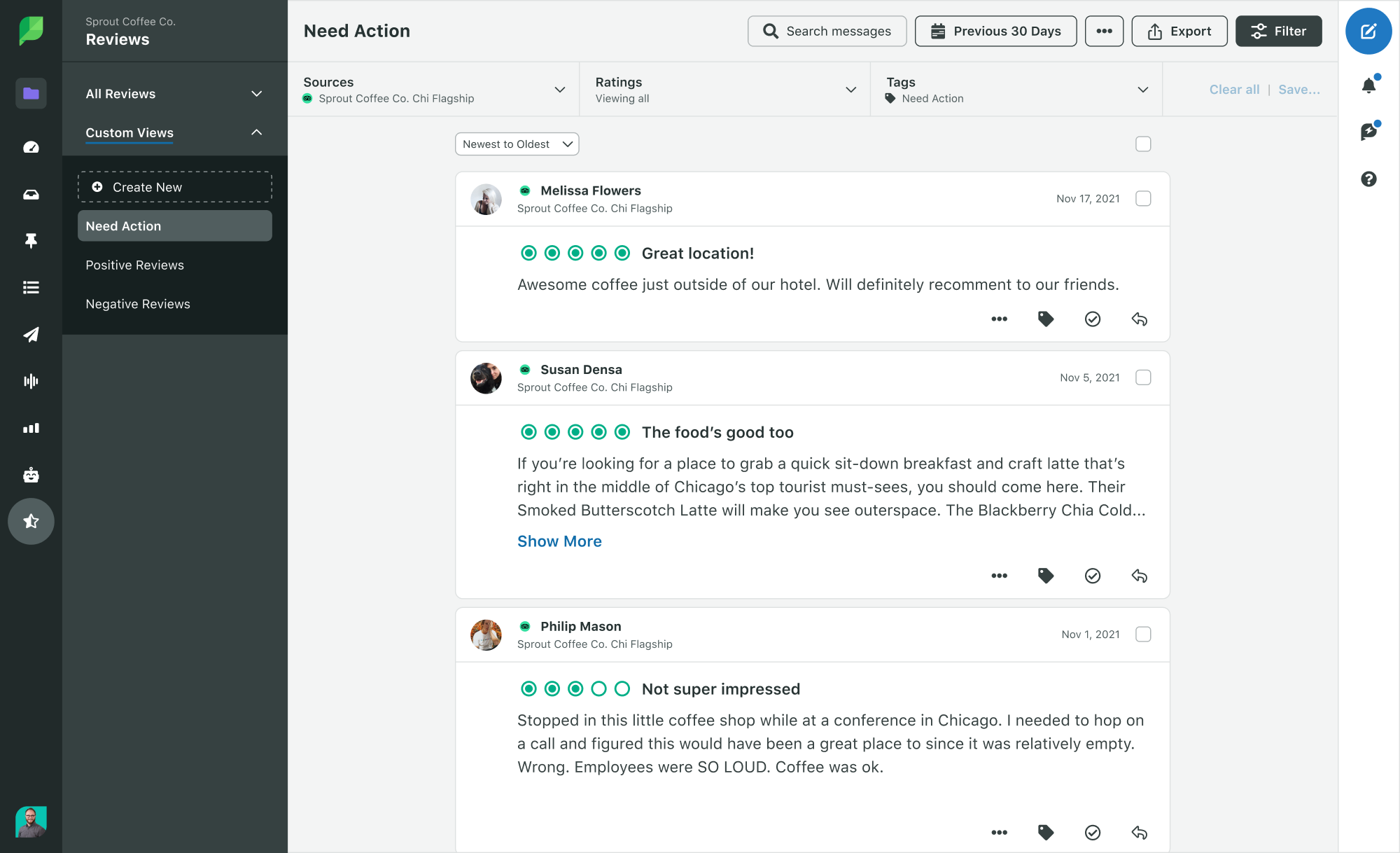 Screenshot of TripAdvisor reviews that need action in the Sprout Social platform. All the reviews are pulled into a streamline, single stream.