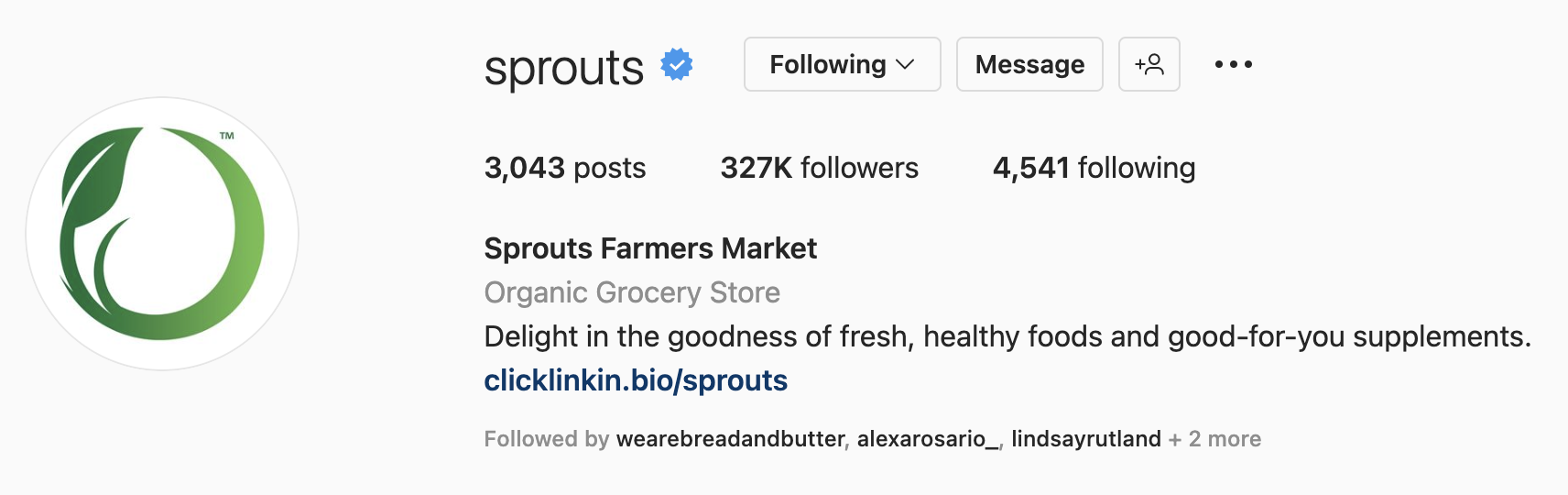 An Instagram bio example from Sprout's Farmers Market